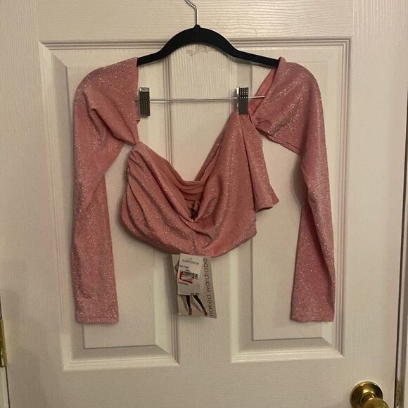 Naked Wardrobe Pink Long Sleeve Off the Shoulder Metallic Shimmer Crop Top L NWT - Picture 3 of 4